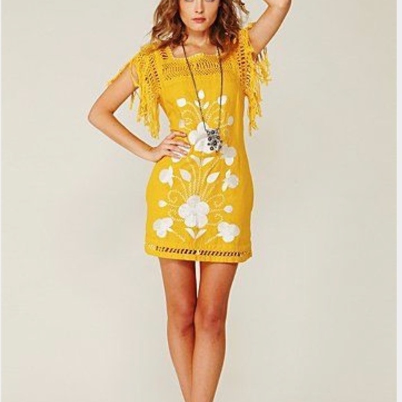 Free People Dresses & Skirts - Free People Yellow fringe dress floral embroidery